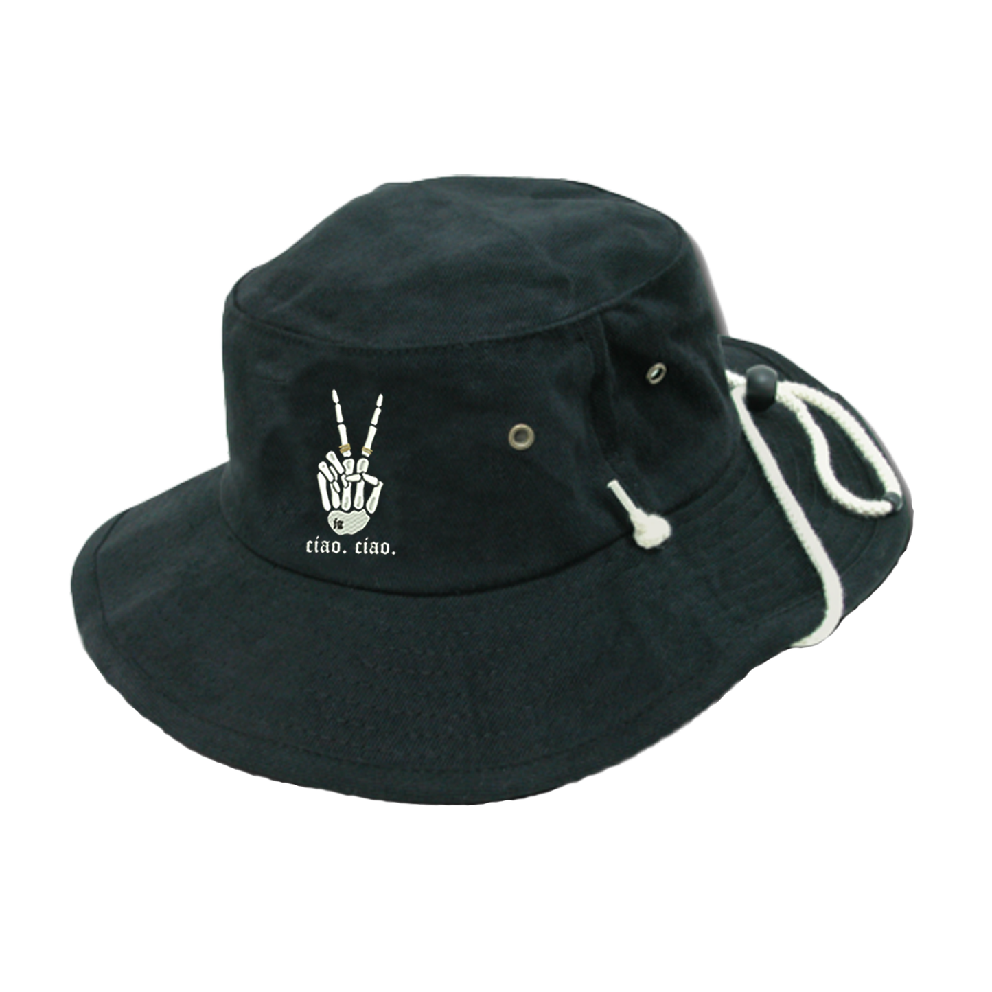 ciao. ciao. bucket hat w/drawstring.